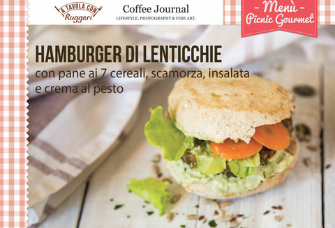 Hamburger di lenticchie con pane ai 7 cereali, scamorza, insalata e crema al pesto
